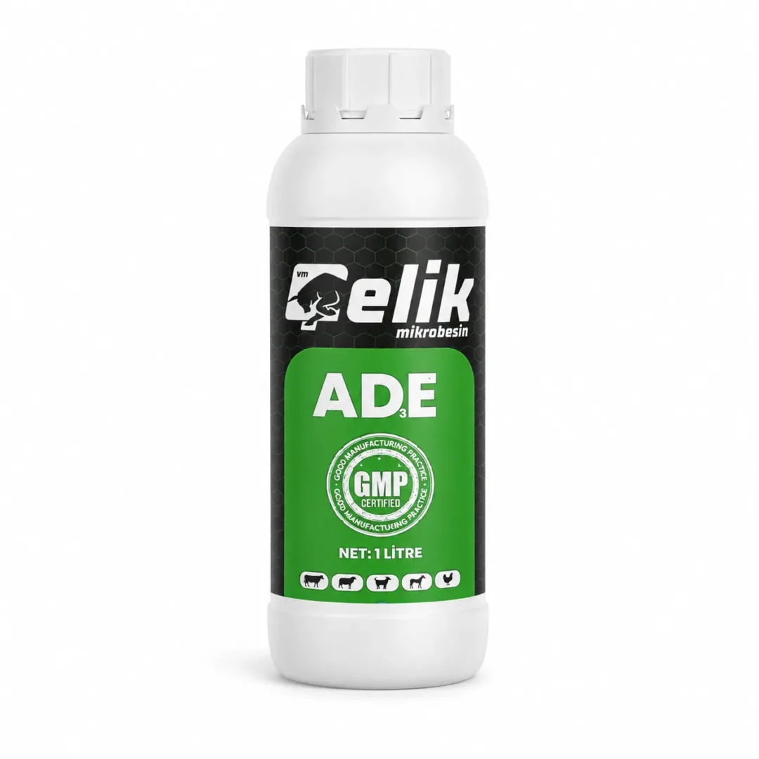 Çelik Sıvı AD₃E 1 litre vitamin takviyesi şişesi
