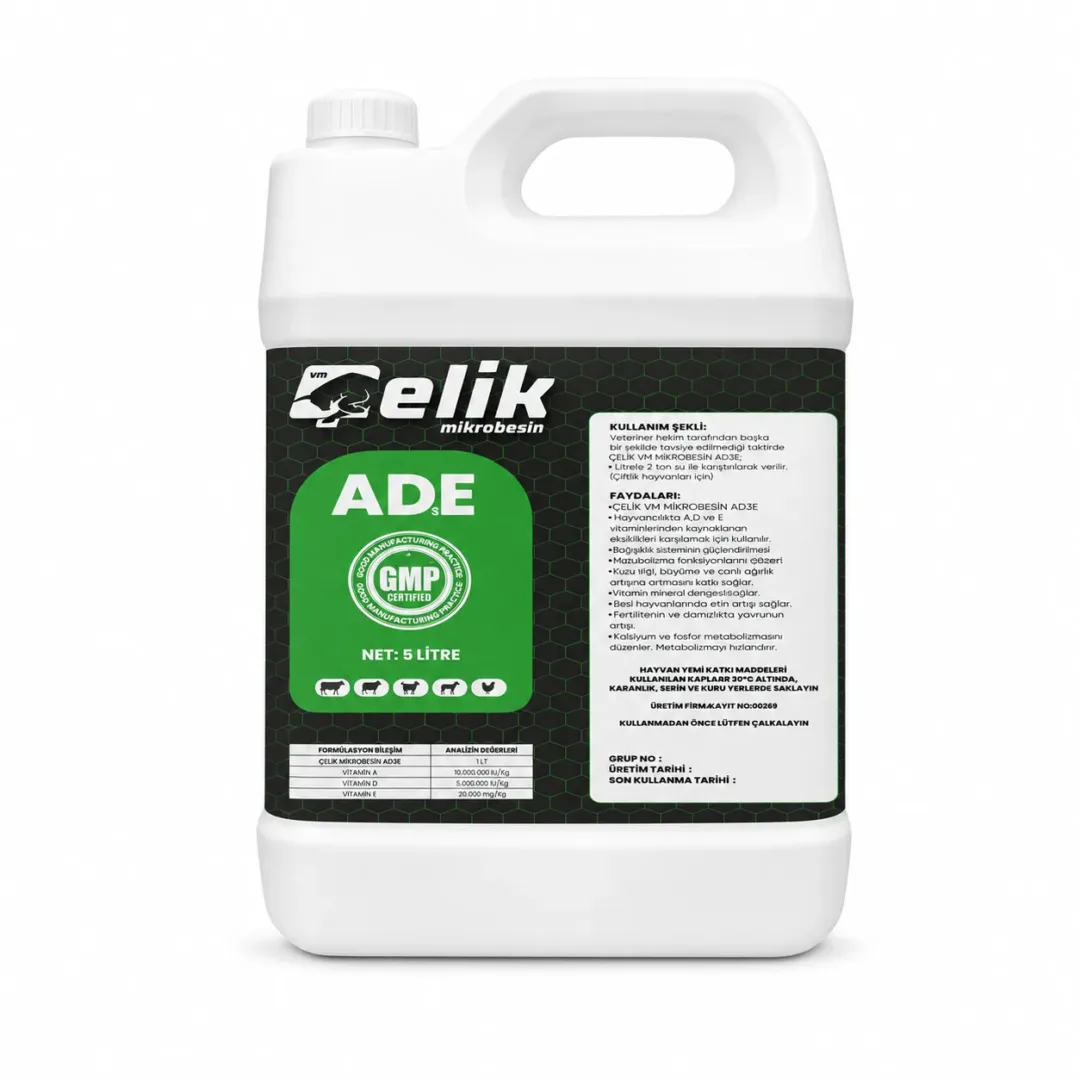 Çelik Sıvı AD₃E 5 litre vitamin takviyesi bidonu