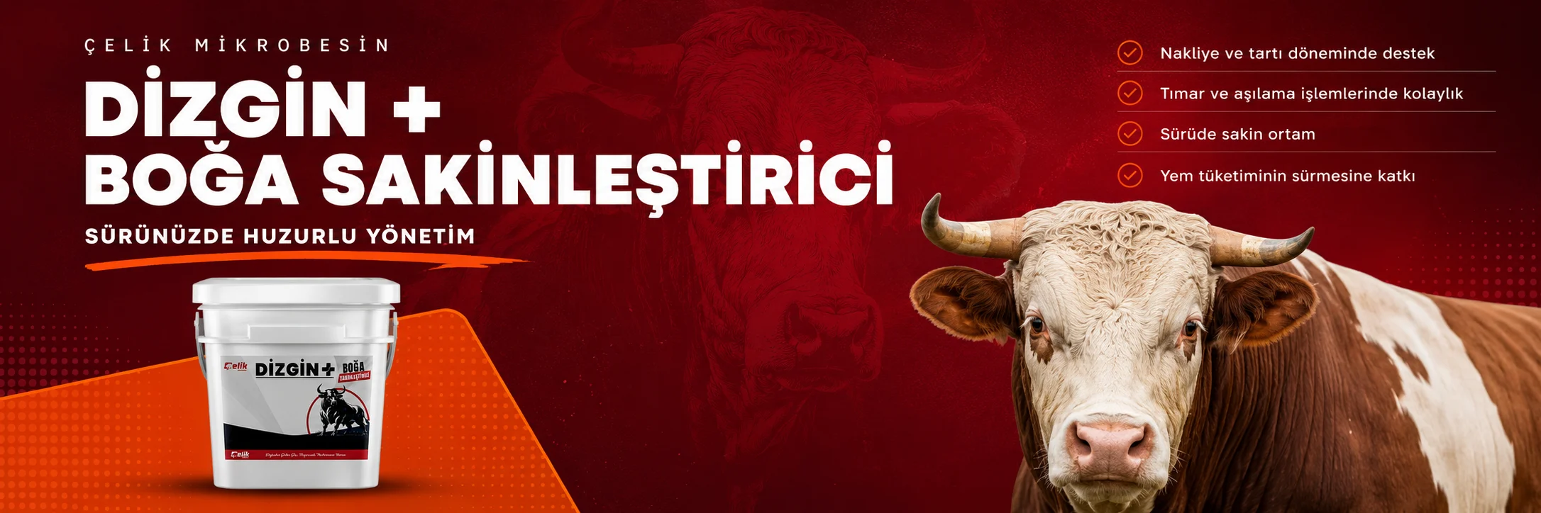 Dizgin + boğa sakinleştirici 25 kg kovası ve boğa görseliyle tanıtım banneri